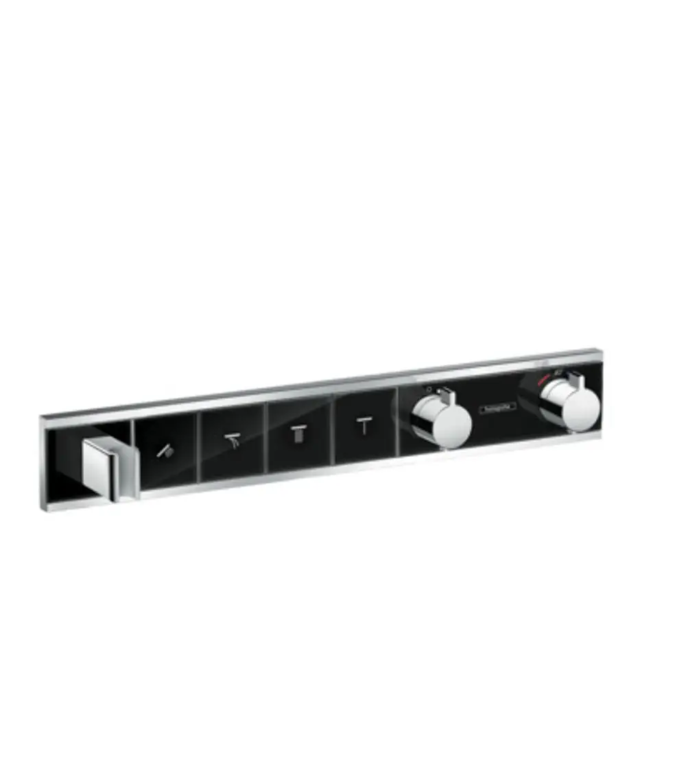 Hansgrohe Thermostat zur Unterputzmontage in Schwarz und Chrom für die Steuerung von vier Verbrauchern. Enthält integrierten Brausehalter und mehrere Bedienelemente.